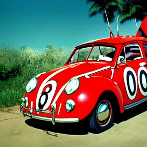 Image similar to promotion movie still of the car in'herbie the love bug'film ( 1 9 6 8 ). cinematic, 4 k, imax, 7 0 mm