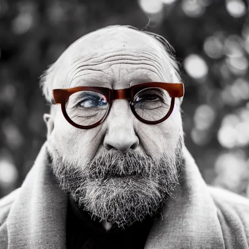 Prompt: photo close up of a sad old man wearing glasses with mirrored lenses, in the relection of the glasses you can see a brown bear ( eos 5 ds r, iso 1 0 0, f / 8, 1 / 1 2 5, 8 4 mm, postprocessed,, crisp face, facial features )