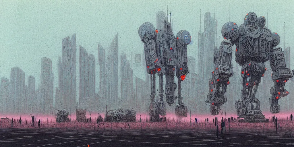 Image similar to grainy risograph matte painting of gigantic huge mech covered with wounds,, pastel matte colors, staying in the foggy huge parking station, by moebius, hyperrealism, intricate detailed