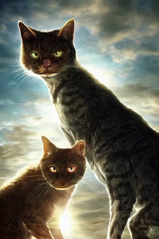 Image similar to a movie poster for warrior cats, depth of field, sun flare, hyper realistic, very detailed, backlighting, cgi, by wayne mclouglin