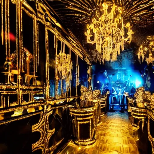 Image similar to professional nightclub photo, a giant crowd of realistic shiny reflective chrome skeletons covered in diamonds dancing wildly and sensually, inside a black and gold fancy high end highly themed rococo nightclub with fog and blue lasers