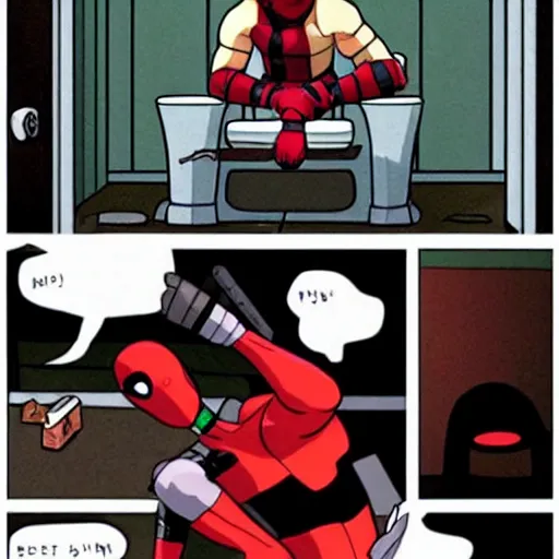 Image similar to Deadpool sitting on the toilet, eating a hamburger, by studio ghibli,