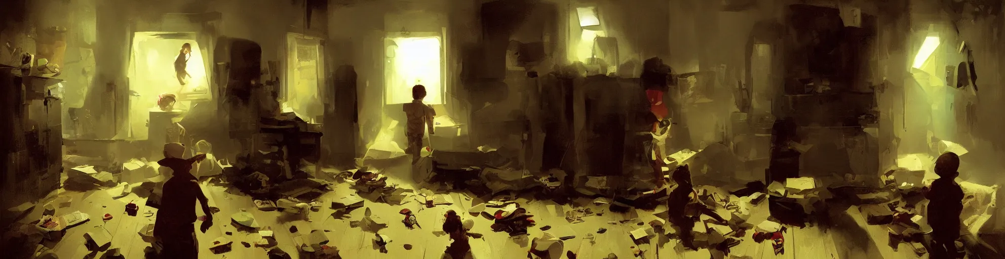 Prompt: a kid entering in a hoarder's room, dark atmosphere. by sergey kolesov and phil hale