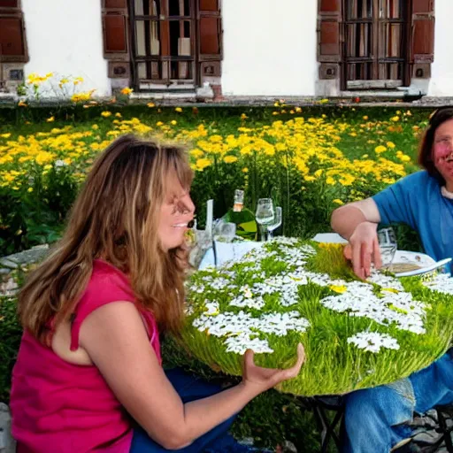 Image similar to 2 people seated at a small table with dandelions and wine, in Italy