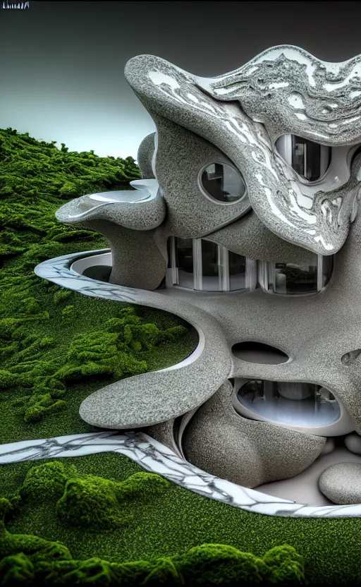 Image similar to highly detailed ultra sharp 3 d render villa cinematic composition of a smooth ceramic porcelain biomorphic magnolia stone nebula fluid fractal sci - fi surreal architecture landscape, granite, metallic, magnesium, marble, moss and lichen, vincent callebaut composition, mamou - mani, archviz, beautiful lighting, 8 k, unreal engine, hdr,