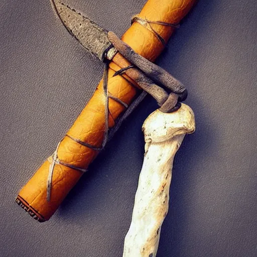 Prompt: “primitive bone dagger with leather cord wrapped around the handle”