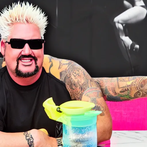 Image similar to guy fieri with pitvipers wearing a mesh neon tank top doing a mukbang