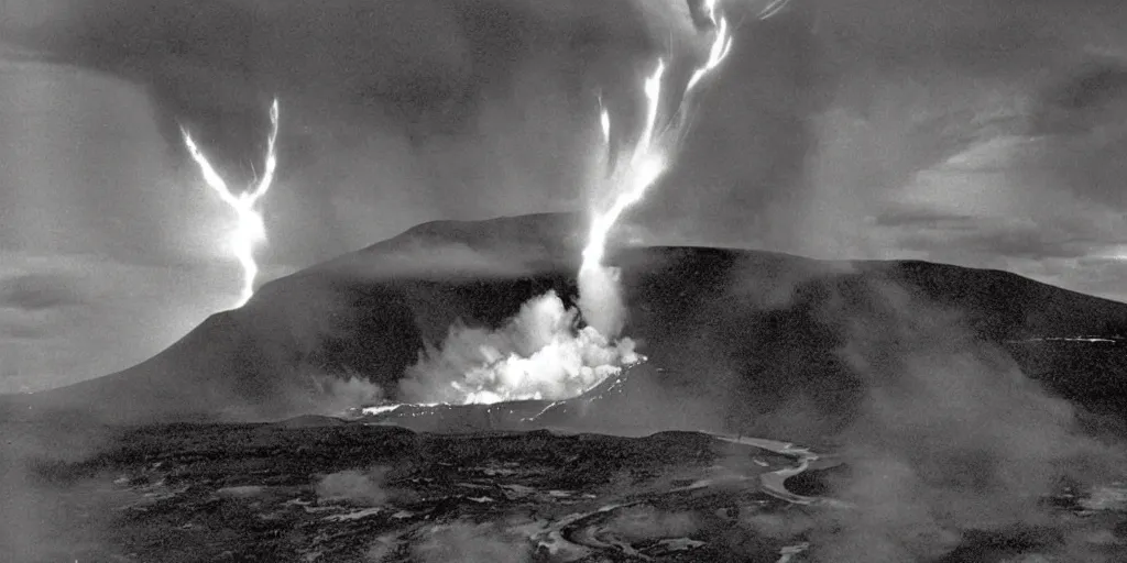 Image similar to A sebastiao salgado photograph of an Icelandic volcano violently erupting into space, a single stream of lava launching into the sky, the lava becomes lightning