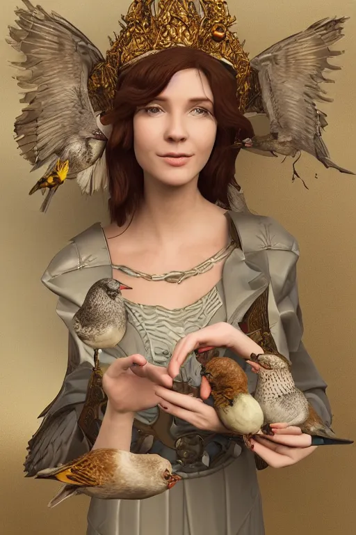 Image similar to zoom in 3 d render of english princess holding birds, ornaments, church, altar, dieselpunk, solarpunk, artstation, andrei riabovitchev