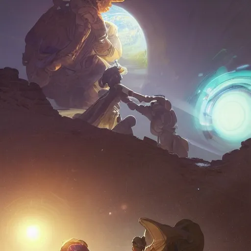 Image similar to A team of four scientist suddenly discover a small planetary system in the center of the earth. Elegant, intricate, digital painting, artstation, concept art, smooth, sharp focus, illustration, art by artgerm and greg rutkowski and alphonse mucha