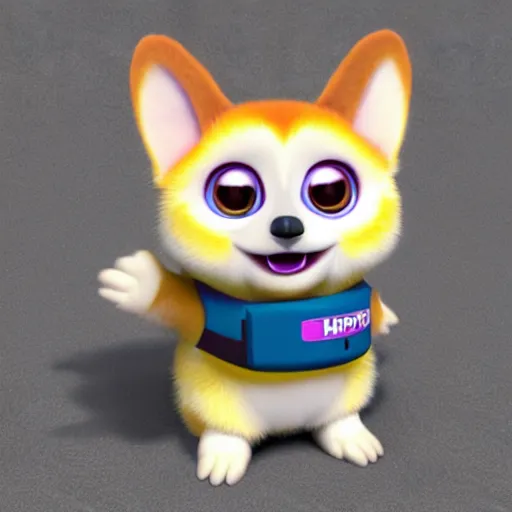 Image similar to cute happy corgi furby, pixar, 3 d render, concept art