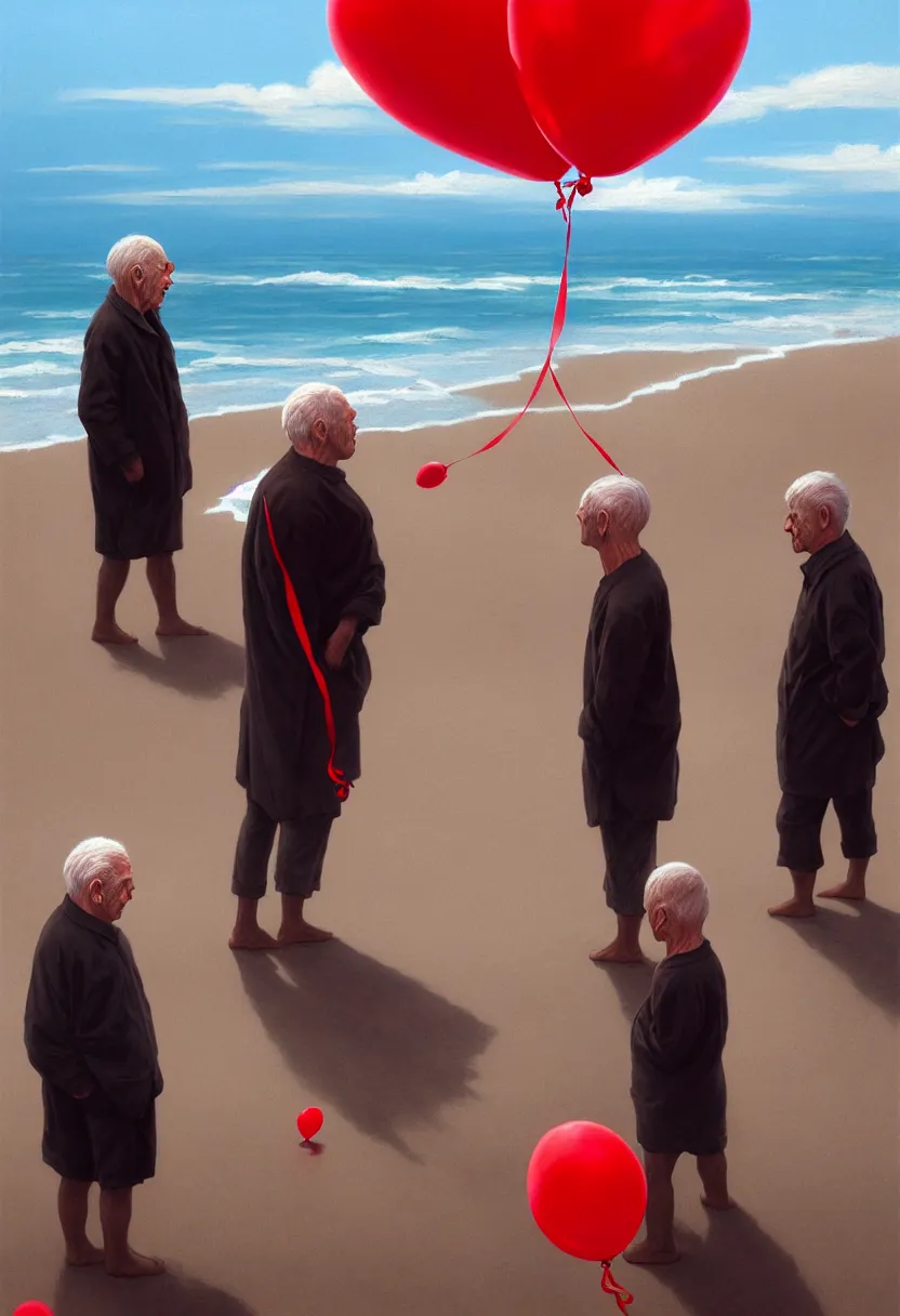 Image similar to lonely old men on the beach, holding red balloons. extremely high fidelity, 8 k, super resolution, cinematic view, super resolution, epic, hyperdetailed, digital painting, artstation, concept art, smooth, sharp focus, octane render, dramatic lighting, art by artgerm and greg rutkowski and alphonse mucha and wlop