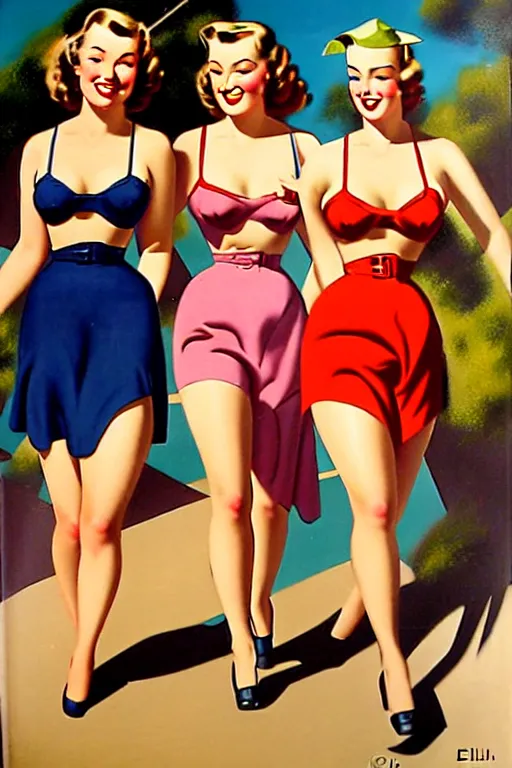 Image similar to 1940s group of pinup bikini girls walking down the street in 1940s Adelaide in Australia, oil painting, by Gil Elvgren