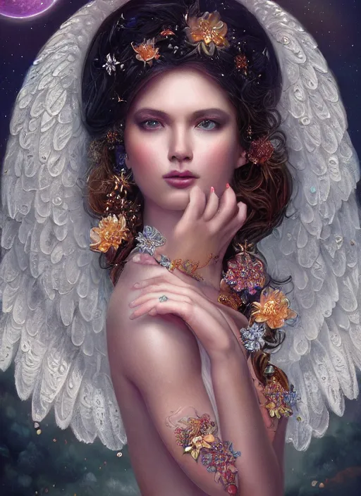 Image similar to A beautiful digital painting of a female angel full of jewels, princess, the moon behind her, intricate, cinematic lighting, highly detailed, digital painting, Artstation, concept art, smooth, sharp focus, illustration, art by Tom Bagshaw, Artgerm and Greg Rutkowski