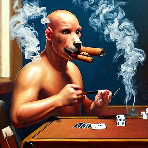 Image similar to a pitbull smoking a cigar while playing poker, painting,