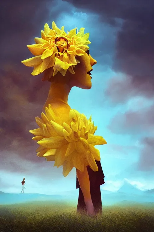 Image similar to closeup girl with huge yellow dahlia flower face, intricate, standing on mountain, surreal photography, blue storm clouds, dramatic light, impressionist painting, digital painting, artstation, simon stalenhag