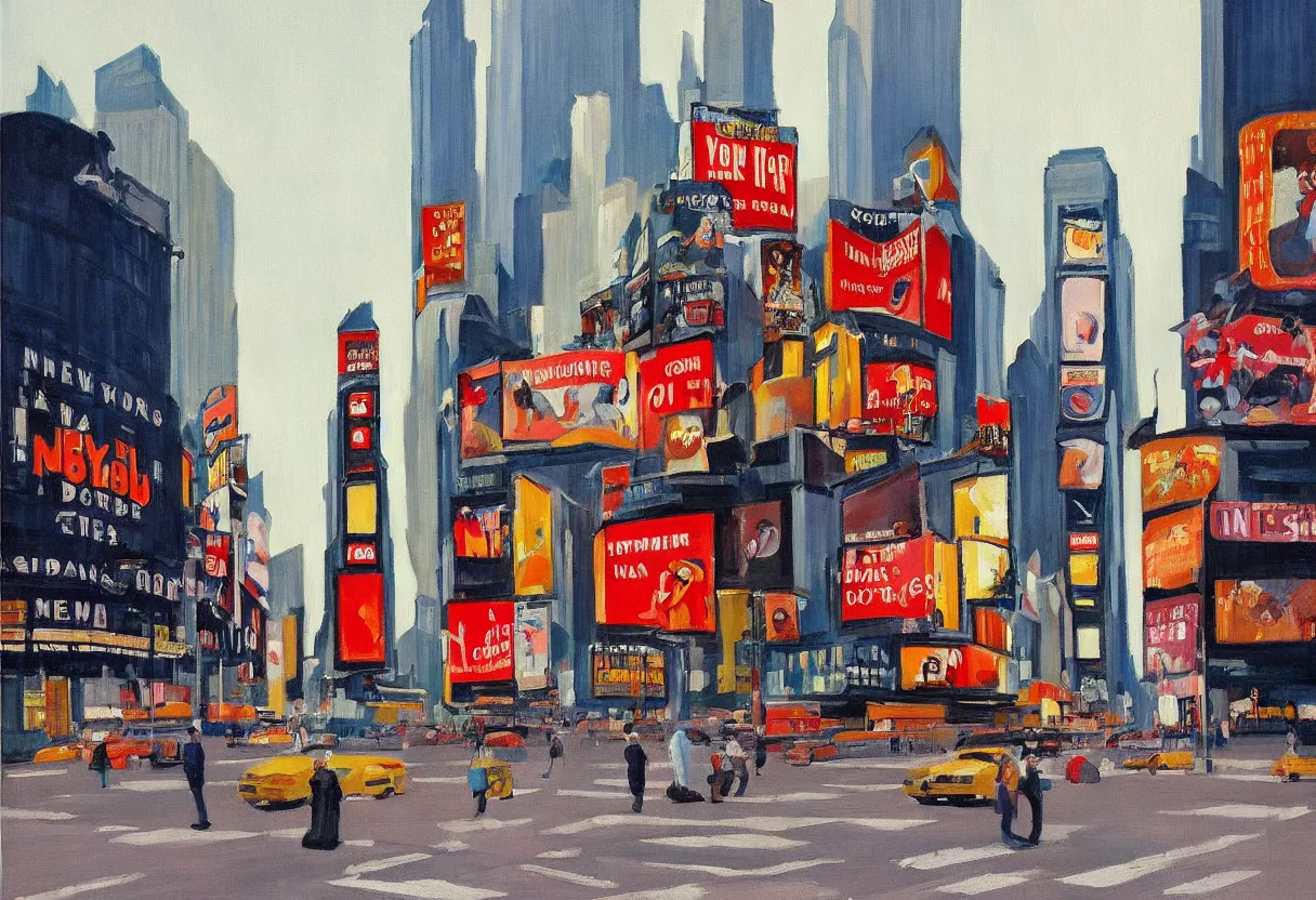 Prompt: an edward hopper style painting of new york times square, summer