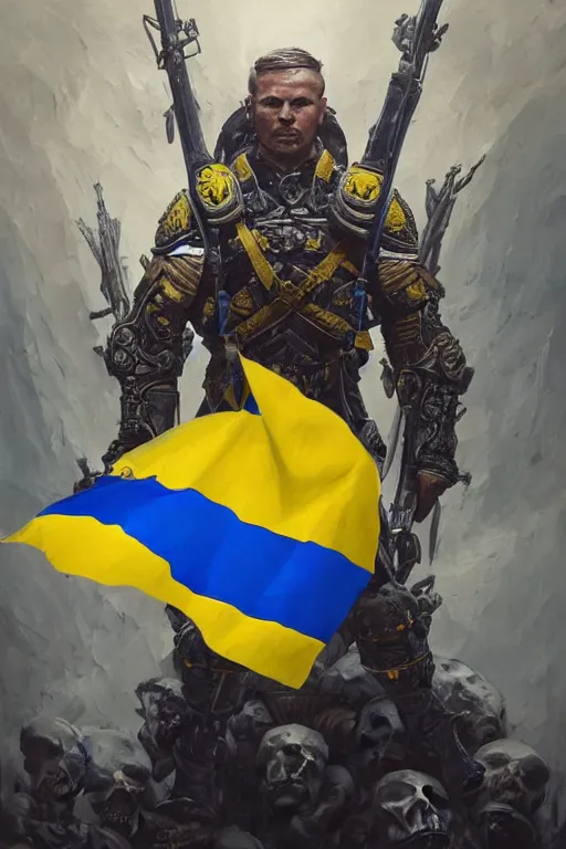 Prompt: a distant shot from below of a Ukrainian super soldier with blue and yellow flag behind him standing alone on a huge pile of skulls posing as a winner, masculine muscular figure, D&D, fantasy, intricate, elegant, highly detailed, extremely detailed, digital painting, artstation, concept art, matte, smooth, hyper realistic, sharp focus, illustration, art by Artgerm and Greg Rutkowski and Alphonse Mucha