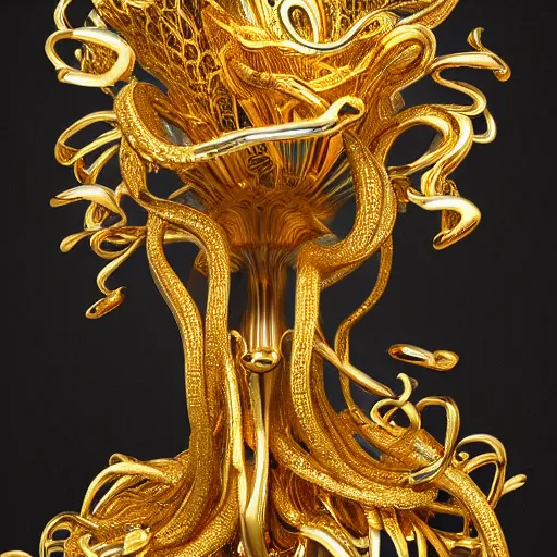 Image similar to gold jewellery with filigree faberge orchid betta whiplash forest liquid lightshow twisted organic natural forms designed by giger, golden, studio lit, 4 k, octane render