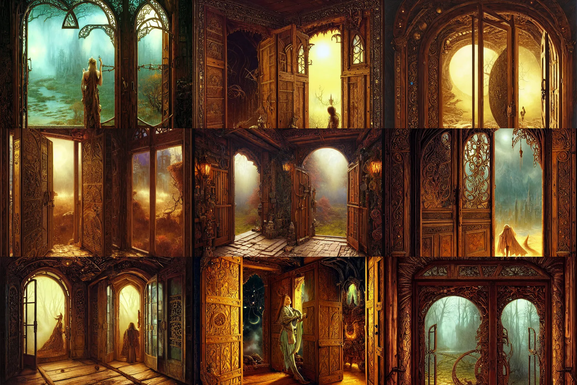 Image similar to large rustic intricately decorated wooden double door, metal handles, a view to a fantasy world, strong eerie back light, mist, fantasy art by james c christensen, norisyoshi ohrai, john hove