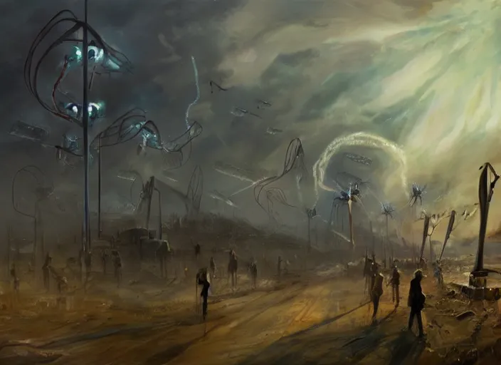 Prompt: concept art of the war of the worlds movie, oil painting by jama jurabaev, extremely detailed, brush hard, artstation, for aaa game, high quality, brush stroke