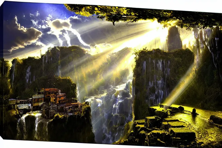 Image similar to gothic waterfall favela honeybee hive, art nouveau environment, crepuscular rays, industrial factory, award winning art, epic dreamlike fantasy landscape, ultra realistic,