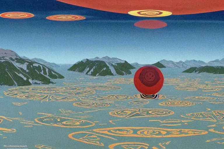 Image similar to a giant floating sphere covered in canadian aboriginal patterns!! hovering above a Yukon lake, (painted by Ralph McQuarrie), matte painting, concept art