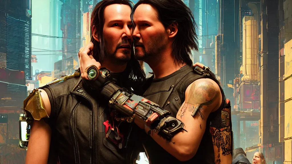 Prompt: a cyberpunk 2077 srcreenshot couple portrait of Keanu Reeves&female android in final kiss,love,film lighting,by Laurie Greasley,Lawrence Alma-Tadema,Dan Mumford,John Wick,Speed,Replicas,artstation,deviantart,FAN ART,full of color,Digital painting,face enhance,highly detailed,8K,octane,golden ratio,cinematic lighting