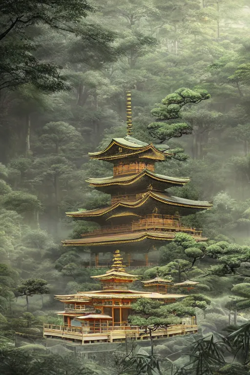 Image similar to Japanese Buddhist temple in the middle of a forest of bonsai and bamboo, powerfull, intricate, elegant, volumetric lighting, digital painting, highly detailed, artstation, sharp focus, illustration, concept art, ruan jia, steve mccurry