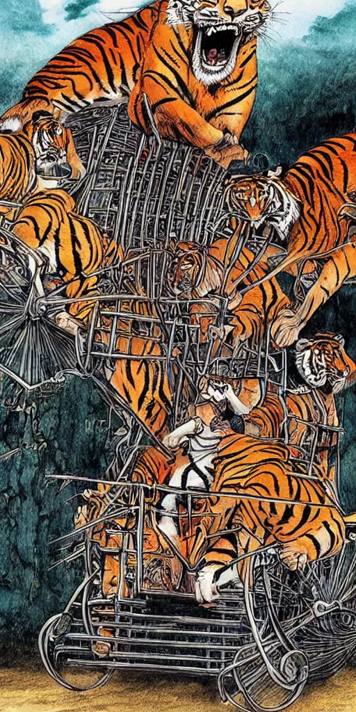 Image similar to man riding a chariot car being pulled by tigers colored and drawn by Junji Ito.