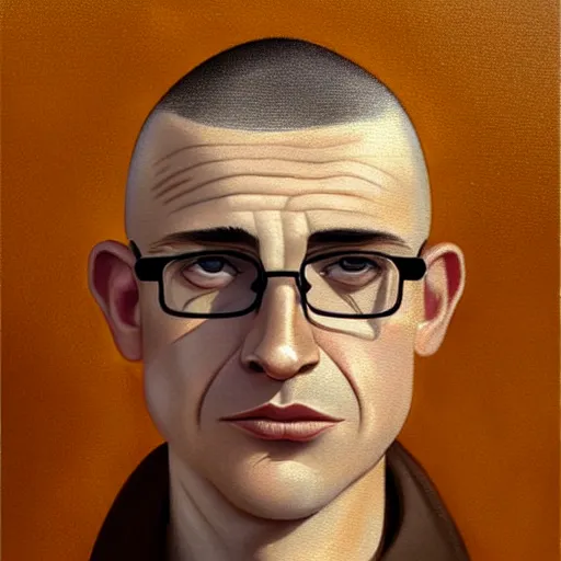 Prompt: 50 year old brunette man with very short hair, buzz cut, round face, square face, round jaw, wide chin , romanian, silver small glasses, romanian heritage, brown eyes, brown eyes, olive skin, round nose, round chin, clean shaven wide face, thin lips, digital art, concept art, cgsociety, painterly, painting, 8k, illustration, painting, dramatic, beautiful, art by loish loish loish, cartoon, stylized painterly, trending on artstation, medium shot, uncropped