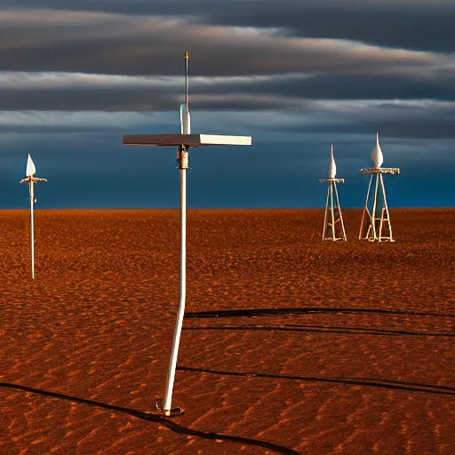 Prompt: rugged weather station sensor antenna for monitoring the australian desert, XF IQ4, 150MP, 50mm, F1.4, ISO 200, 1/160s, dawn