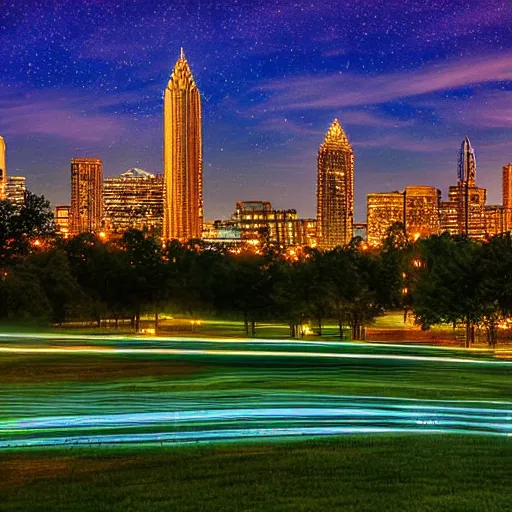 Prompt: atlanta skyline at night from piedmont park, in the style of van gogh