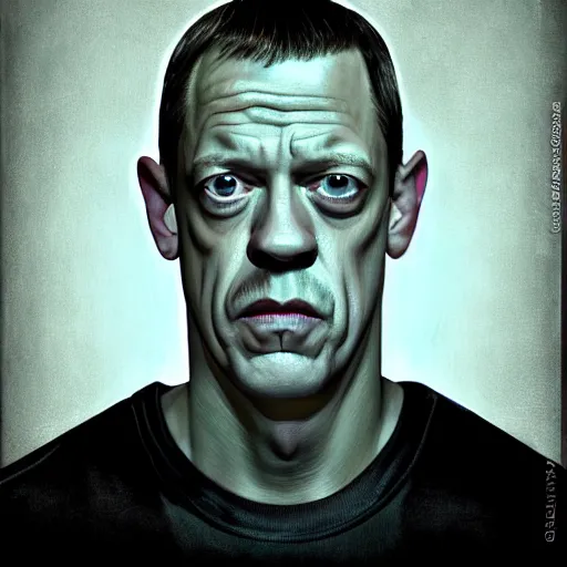 Image similar to photo portrait mugshot of the lovechild of john cena and steve buscemi from new jersey, realistic, hyperrealistic, 8 k resolution, hd quality, very detailed, highly detailed, intricate details, real life, real world, trending on artstation, digital art, really realistic, very realistic, headshot, head in frame, stock image, mugshot