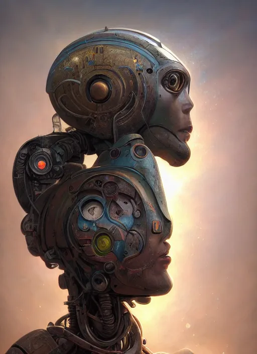 Prompt: Portrait of an Ancient Robot on a clearing, extremly detailed digital painting, in the style of Tomasz Alen Kopera and Fenghua Zhong and Peter Mohrbacher, mystical colors, rim light, beautiful lighting, 8k, stunning scene, raytracing, octane, trending on artstation