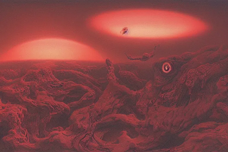 Image similar to a detailed landscape, demonic sky with glowing red snake eyes by Zdzisław Beksiński