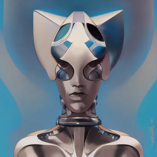 Image similar to scifi futurism automaton minimalism chrome by peter mohrbacher art Hajime Sorayama airbrush hyperrealism model abstract shatter fragments cubism futurism pastel blue soft flat minimal minimalism portrait face jackson pollock ukiyo-e lithograph mark ruthko swirl escape noise shimmer glow paint