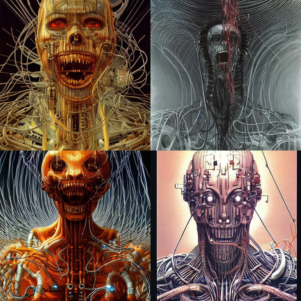 Prompt: humanoid cyborg with outstretched head, razor sharp teeth and mechanical claws, translucent skin, barcodes, wires and tubes, mix styles of tsutomu nihei, video game art, battle scene, zdzisław beksinski and giger, in full growth, no blur