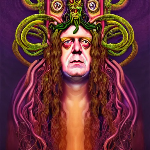 Prompt: an extremely psychedelic portrait of aleister crowley as medusa, surreal, lsd, face, detailed, intricate, elegant, lithe, highly detailed, digital painting, artstation, concept art, smooth, sharp focus, illustration