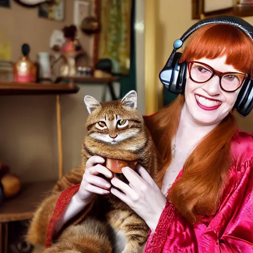 Prompt: a stunning hyper-detailed closeup portrait photo of a beautiful smiling retro-bespectacled woman with long ginger hair and bangs, wearing a luxurious robe, wearing steampunk headphones and posing with her handsome ginger tabby cat and raccoons and parrots in an overstuffed easy chair in her sunlit victorian living room, holding a coffee cup and a donut and smoking an elaborate hookah, perfect eyes, octane render, unreal engine, 85 mm lens,