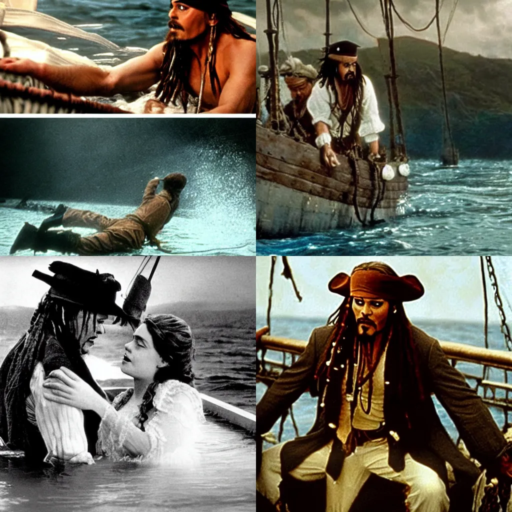 Prompt: Titanic let go of Jack scene, drifting in the water, Jack is played by Jack Sparrow.