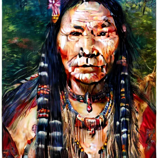 Image similar to portrait of an aboriginal paiwan woman ( 3 5 ) from taiwan in 2 0 2 1, an oil painting by ross tran and thomas kincade