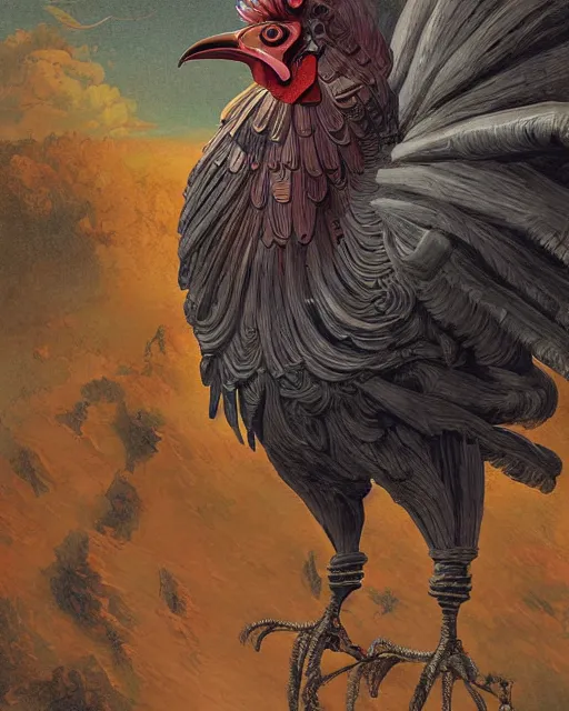 Prompt: digital painting of an ominous mechanical rooster, by wayne barlowe and bob pepper, dieselpunk, highly detailed, intricate, sharp focus, portrait, talons, anatomy, studio ghibli color scheme, tarot card