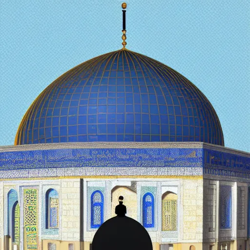 Image similar to a beautiful illustration of dome of the rock jerusalem and f a muslim is praying in front of it, digital art, trending on artstation