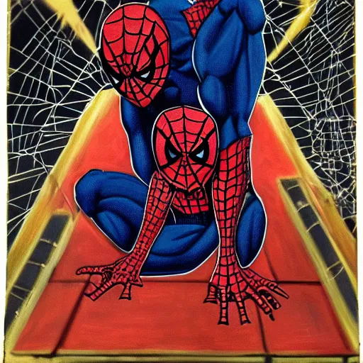 Image similar to spiderman, kneeling, praying, head lowered, portrait, oil, painting, highly detailed, spider god, praying to spider god, spider jesus