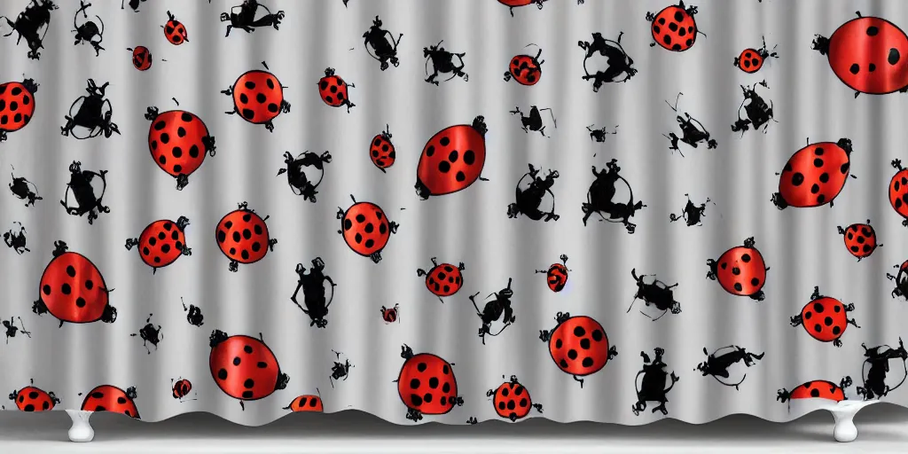 Prompt: shower curtain product catalog. wide - angle photo. on the curtain is a watercolor of the a ladybug robots. the robots have an epic fight against darth vader on a sunny day. the water color has ink under drawing. wide - angle product photography of a shower curtain, product lighting. 4 k, highly detailed. saturated.