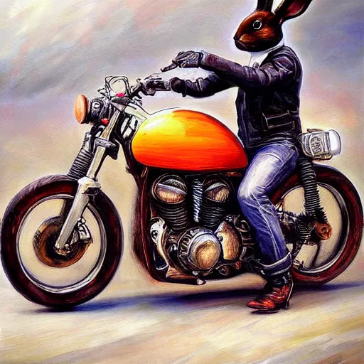 Prompt: portrait of a bunny riding a motorcycle, oil painting, beautiful, detailed