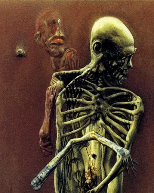 Image similar to realistic detailed image of a ribcage and a crying man holding a hammer in style of Francis Bacon and Willem de kooning, interior room, messy living room. Still from 1982 movie The Thing. Beksiński Masterpiece