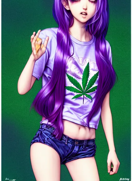 Image similar to richly detailed colored pencil 3 d illustration woman silky straight purple hair with iridescence wearing marijuana logo tshirt and short shorts, she staring at the camera happily art by range murata and artgerm.