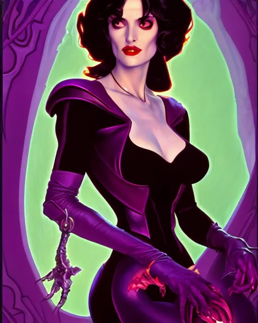 Prompt: winona ryder as scream queen, supervillain, villainess, pulp femme fatale, comic cover painting, masterpiece artstation. 8 k, sharp high quality artwork in style of wayne reynolds, alphonse mucha, greg rutkowski, and don bluth, concept art by jack kirby, blizzard warcraft artwork, hearthstone card game artwork